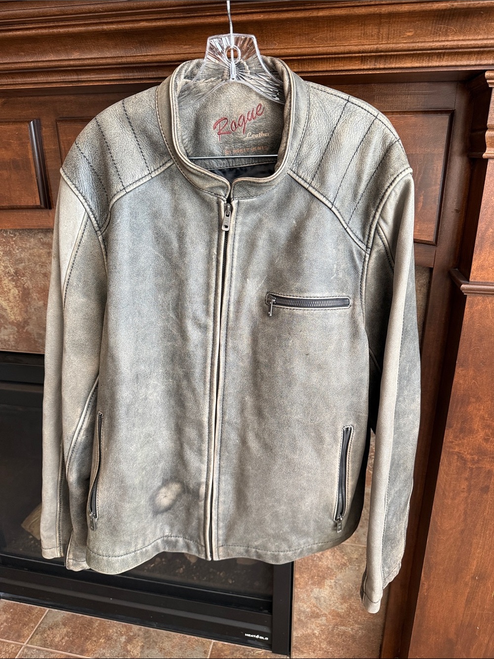 Distressed worn antique washed gray Rogue Leather biker moto motorcycle Jacket X